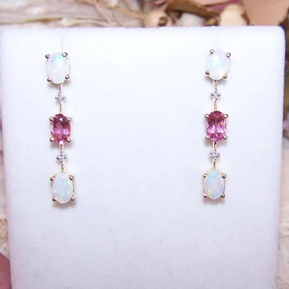 14K Gold Opal Diamond and Pink Tourmaline Dangle Drop Earrings - Posts with Nuts - Picture 2 of 11